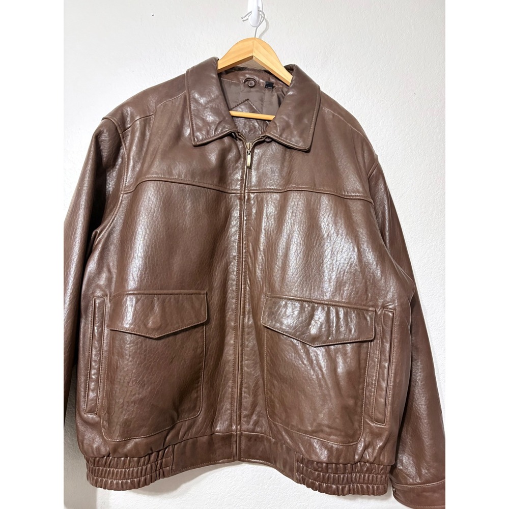 Dillards Brown Leather Bomber Jacket Aviator Full Zip Quilted Lining Mens XL